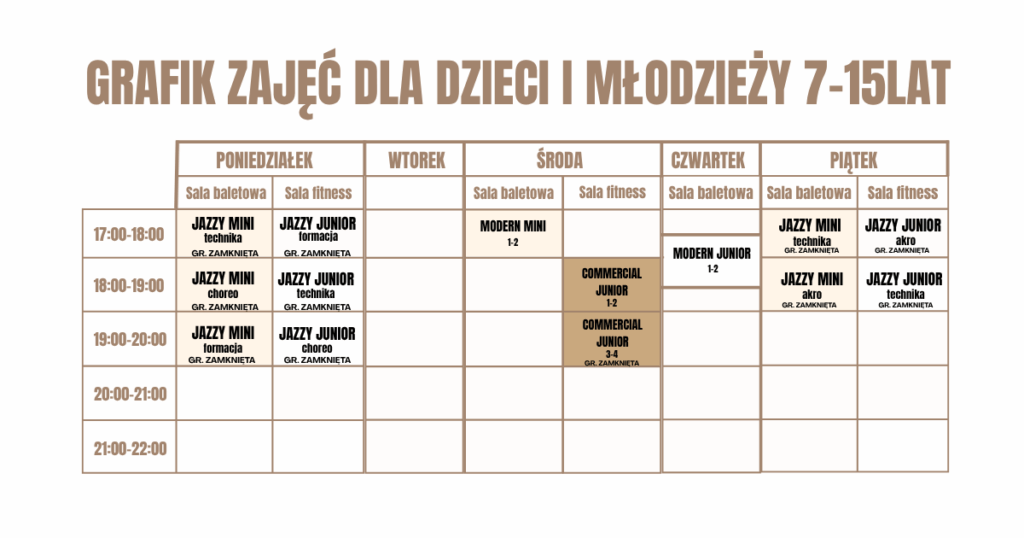 Grafik zajęć dla dzieci i młodzieży