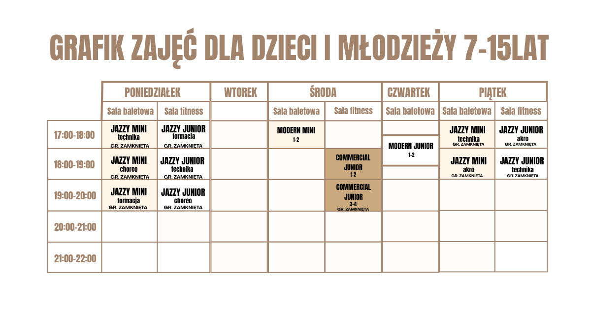 Grafik zajęć dla dzieci i młodzieży