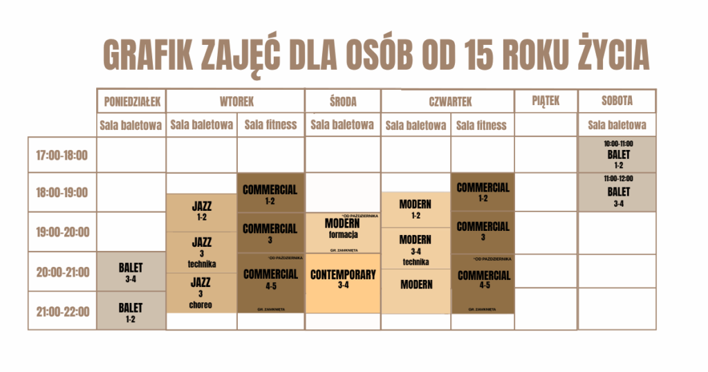 Grafik zajęć dla dorosłych i młodzieży od 15 roku życia