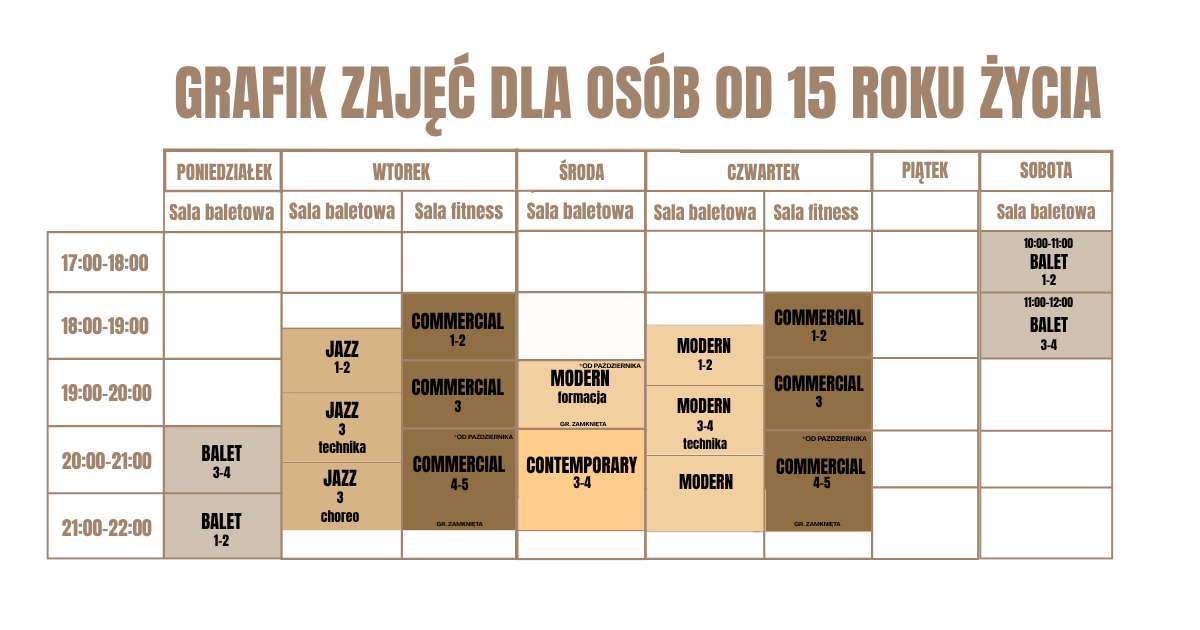 Grafik zajęć dla dorosłych i młodzieży od 15 roku życia